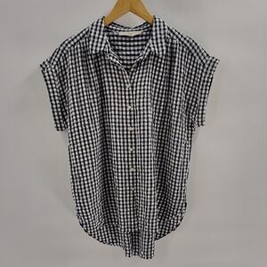 LOFT Button Down Size Large Navy White Gingham Check Short Sleeve
